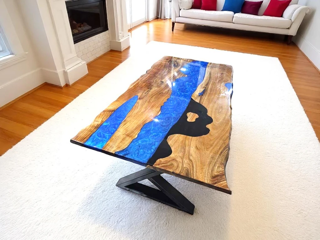Live Edge Blue Resin Dining Table – Custom Walnut Furniture